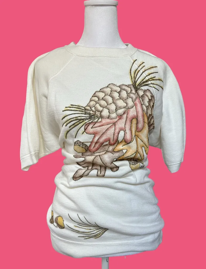 VTG 90s Cottagecore Grannycore cozy short sleeve sweatshirt whimsical nature XL White - Image 1
