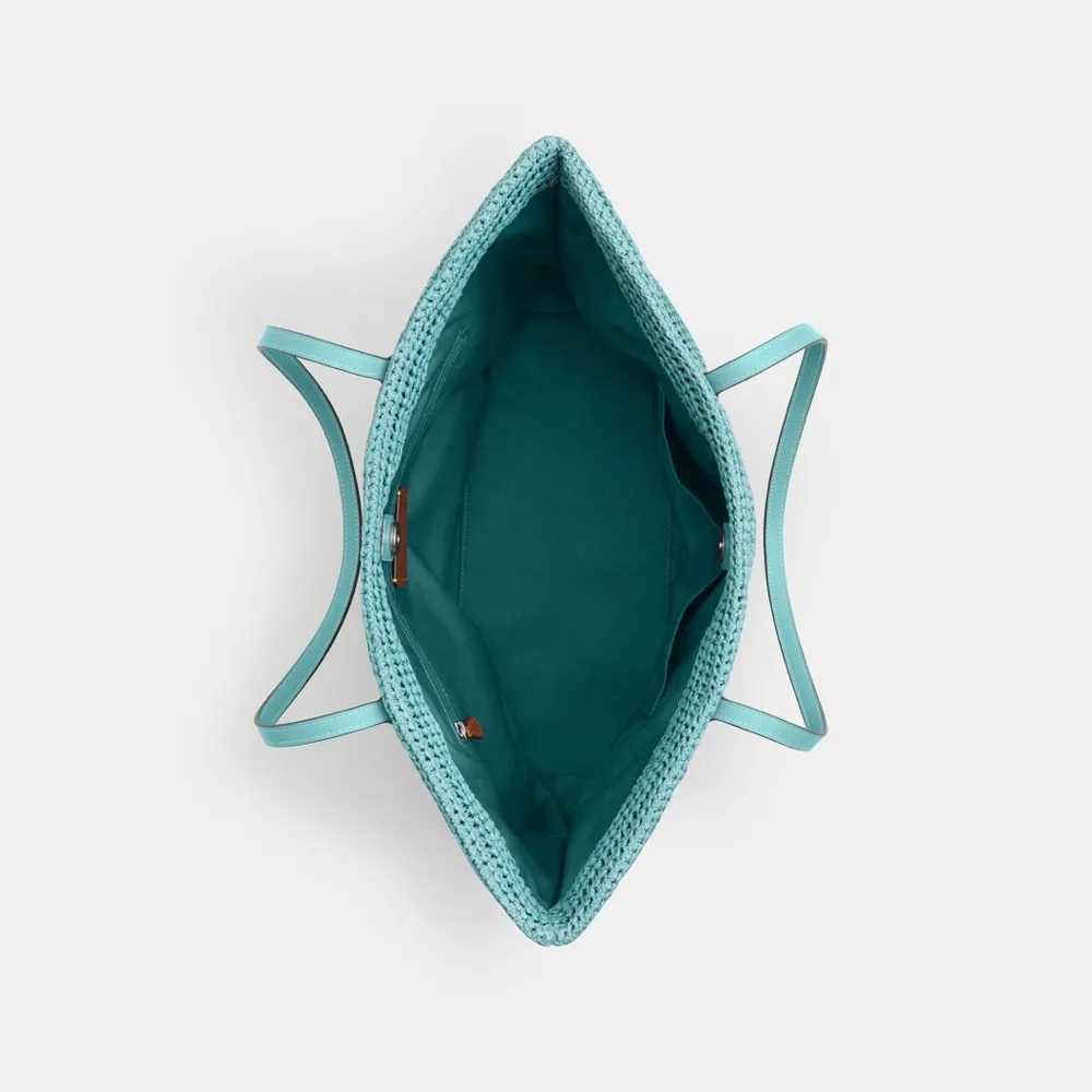 NWT COACH Straw and smooth leather City Tote Bag CBG87 Turquoise Blue - Image 12