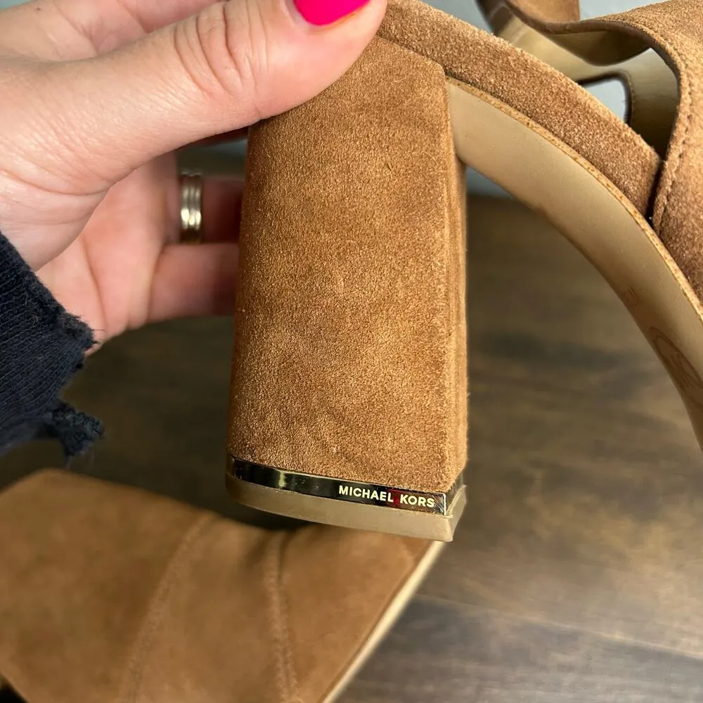 Michael Kors Chunky Peeptoe Heels Cassie Slingback Camel Brown Suede Leather 8.5 - Image 11