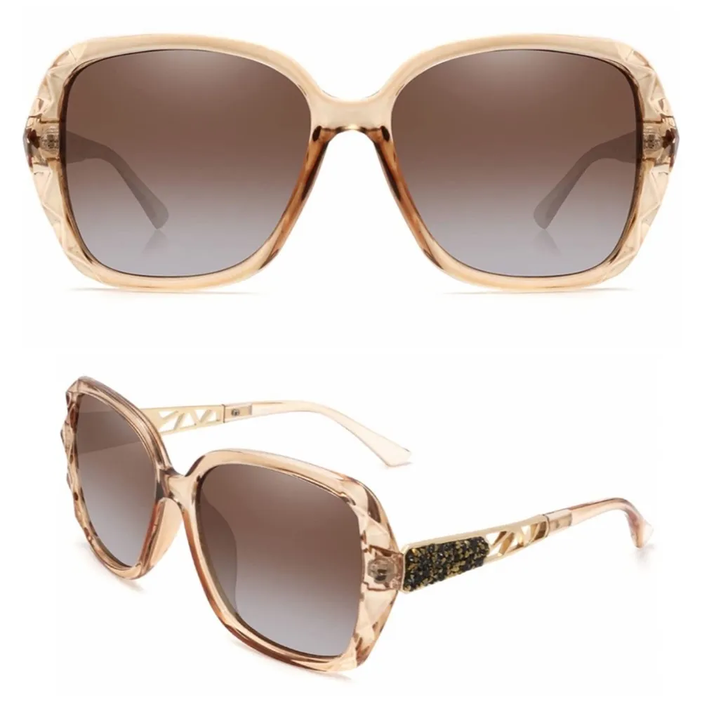 Brown & Gold Oversized Square Sunglasses Polarized Tinted w Crystal Frames - Image 2