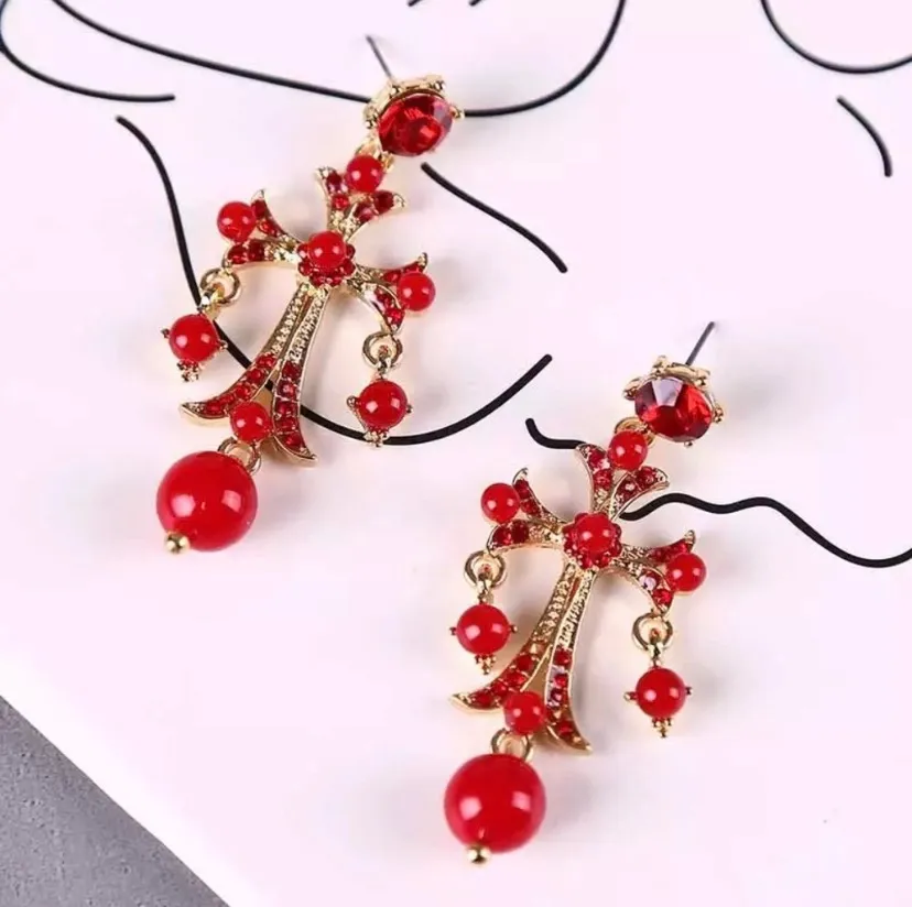 Red Crystal Beaded Stud Drop Dangle Earrings - Image 3