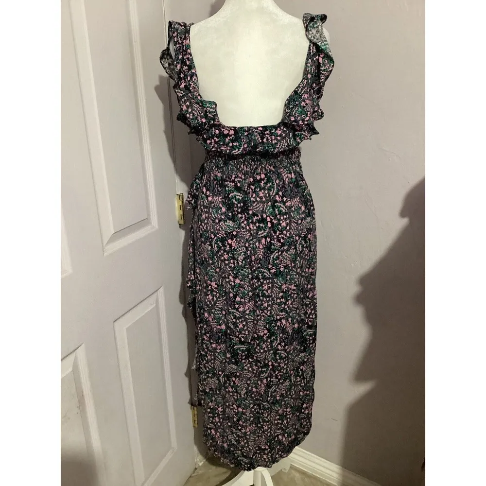 IRO Santu Ruffled Shirred Crepe De Chine Sleeveless Maxi Dress Black Pink 32 - Image 5