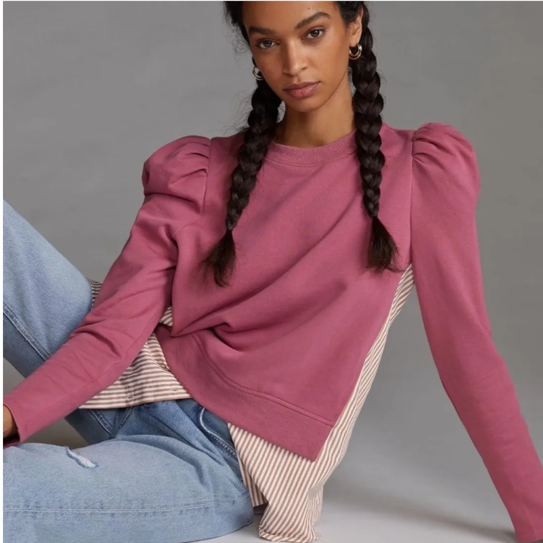 Maeve Anthropologie Sweatshirt Puff Sleeve Striped Tunic Top Womens 3X - Image 2