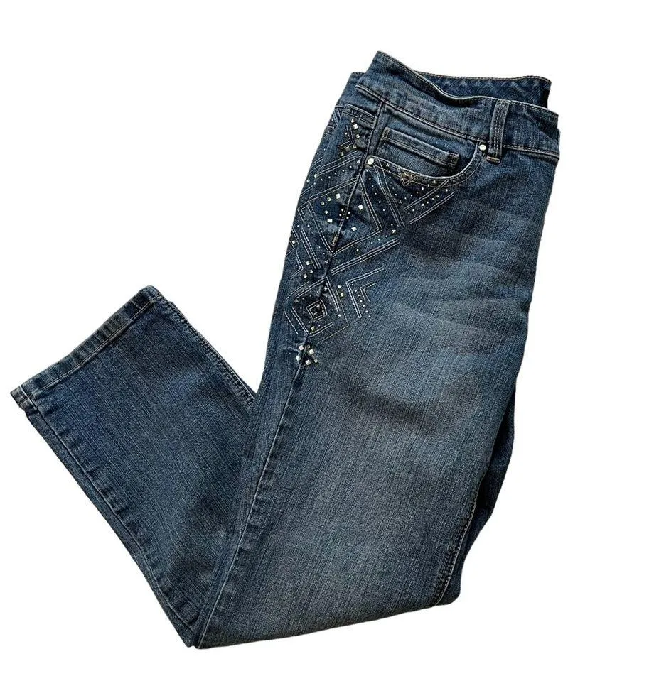 White House Black Market Jeans Blanc Crop Leg Blue Denim Studded WHBM, Sz 8 - Image 4