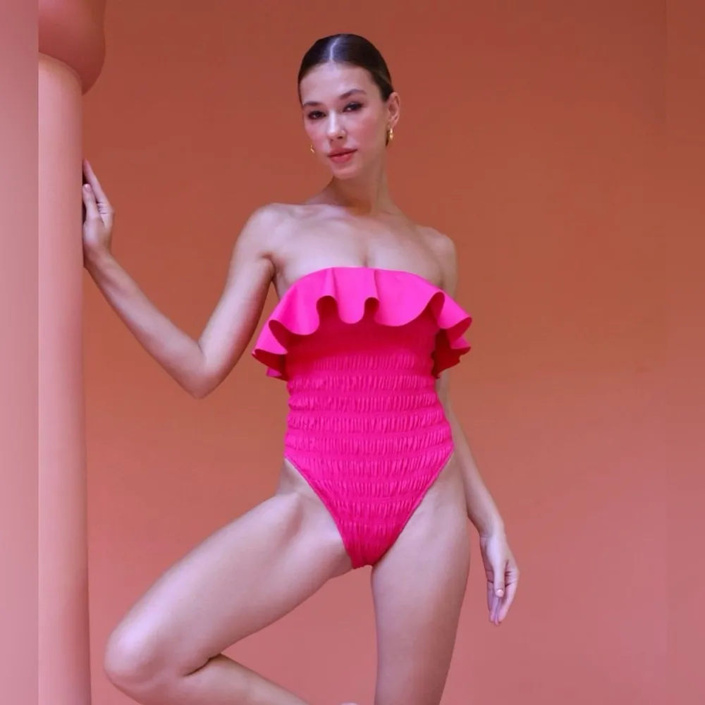 Cleobella‎ NWT Women's XS Amelia Smocked Ruffle One-Piece Swimsuit Magenta Pink - Image 12