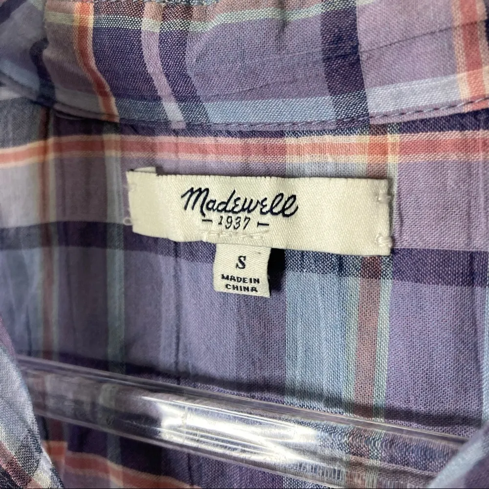 3/$30 Madewell | Purple Pink Blue Plaid Hi-Low Button Up Shirt S - Image 5