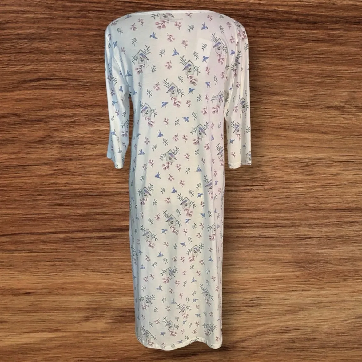 Cuddledown Size S Pima Cotton Nightgown Bird Floral Nature Print Midi Length White - Image 2