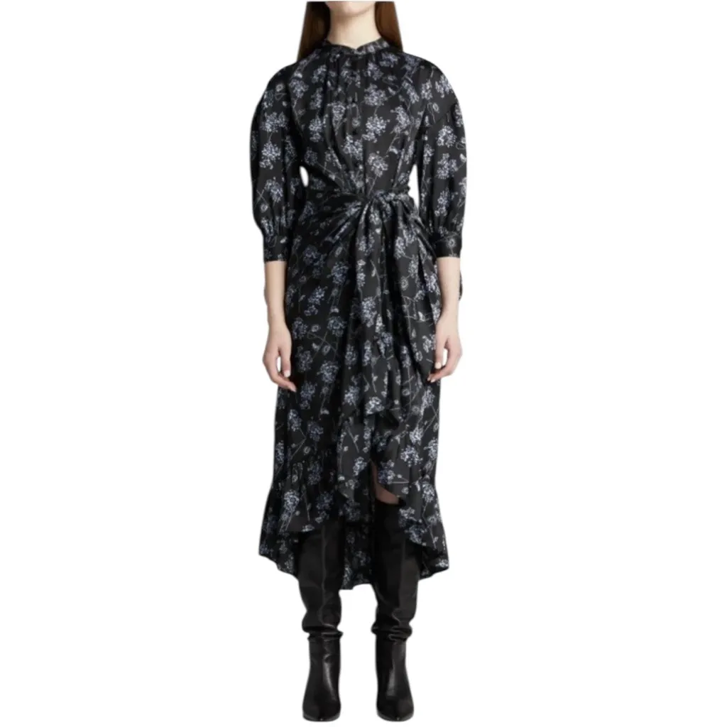 Cinq a Sept Halette Wrap Midi Dress Black & Blue Floral Print Size 4 - Image 5