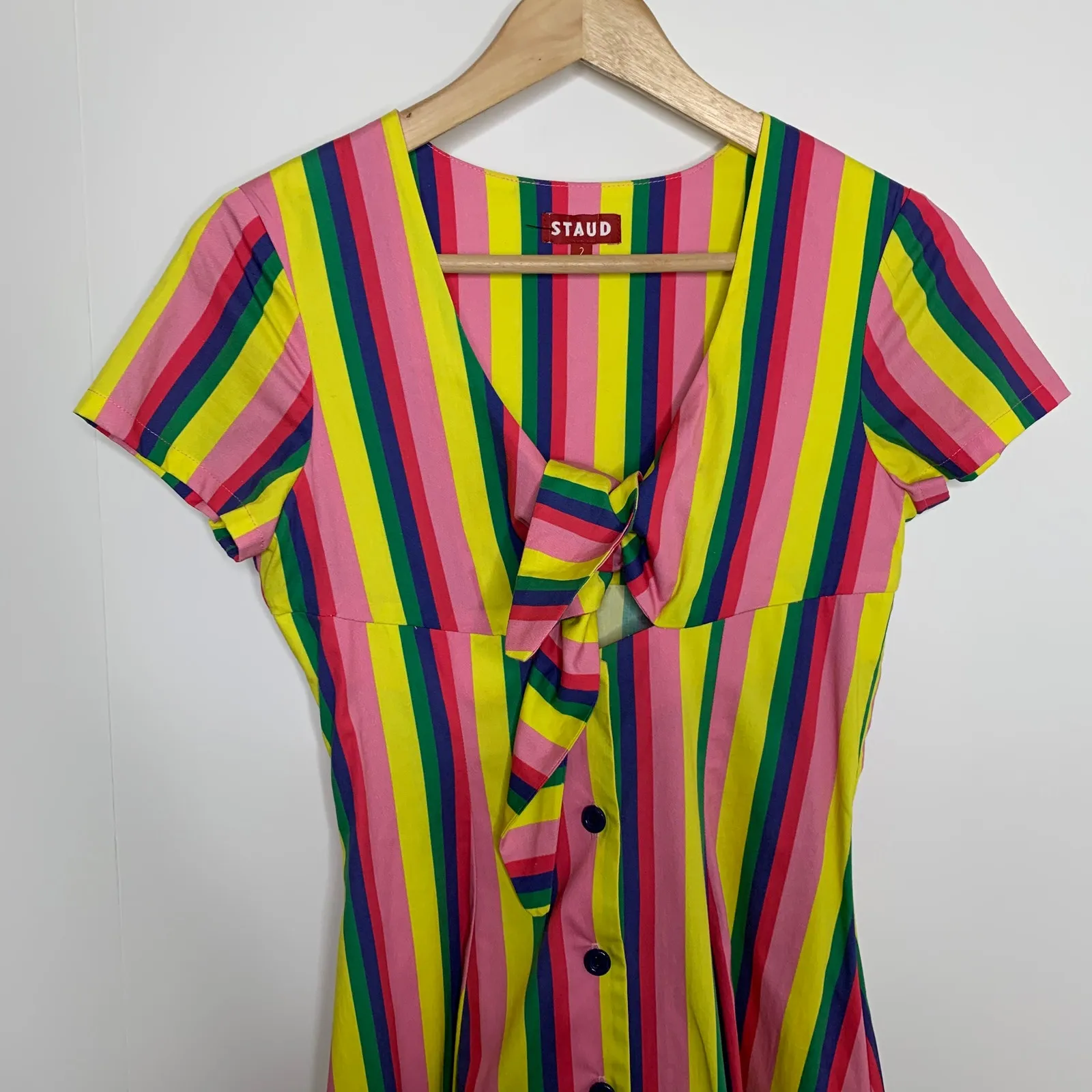STAUD Alice Tie-front Striped Stretch-cotton Poplin Dress In Pink Stripe - Image 7