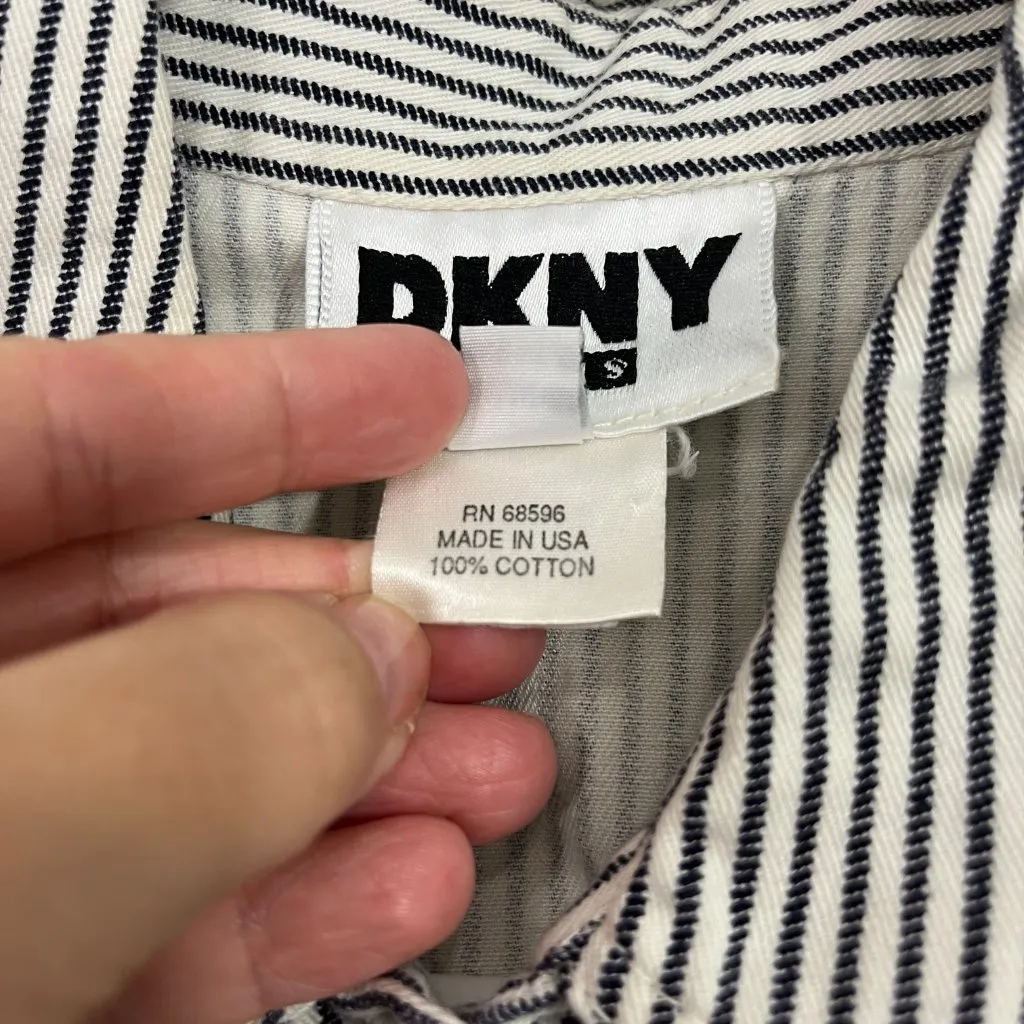 DKNY Size 10 Black, White Striped Cropped Denim Jacket Top - Image 4