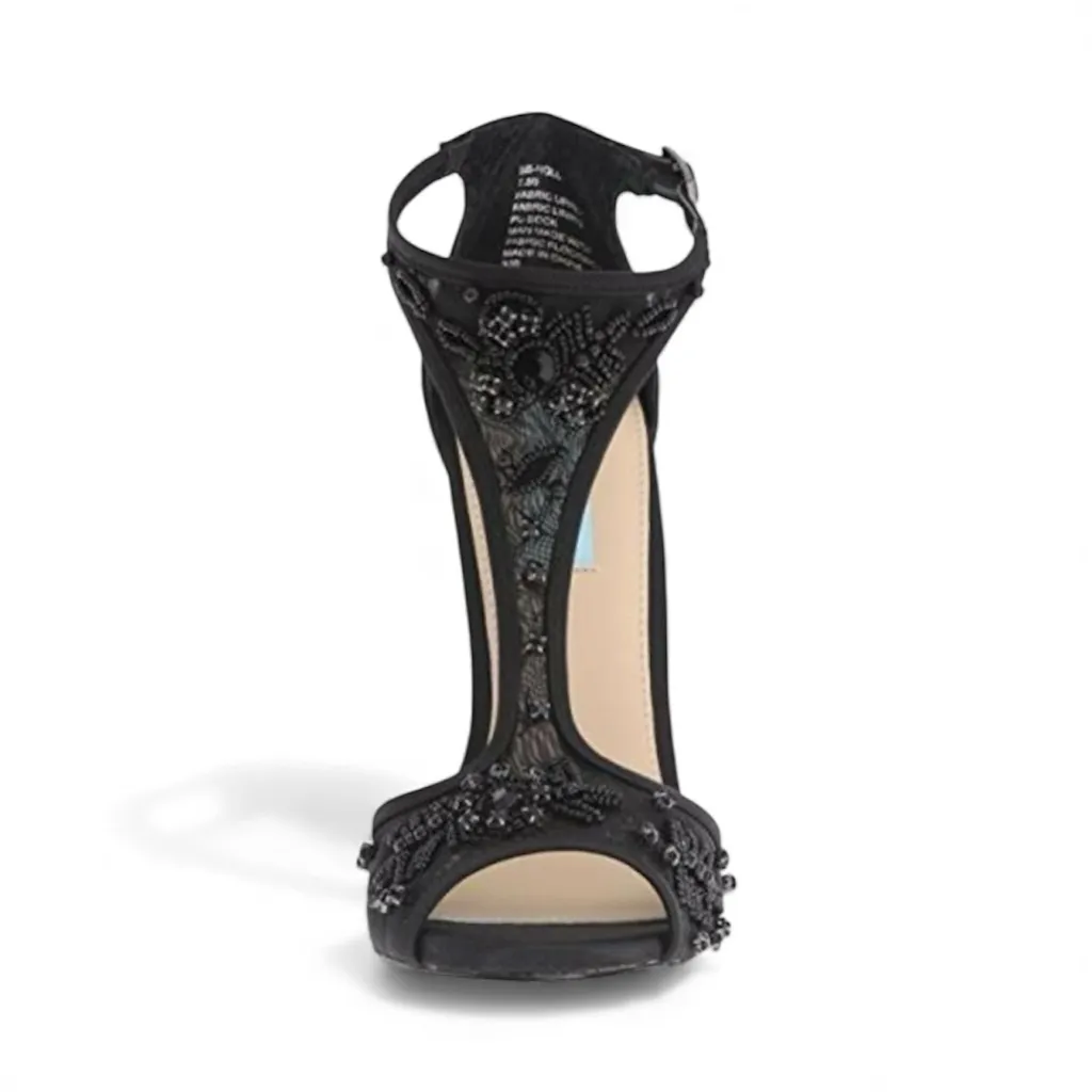 Betsey Johnson Holly Black Beaded T Strap Satin Sandals Formal High Heels Sz 7.5 - Image 2