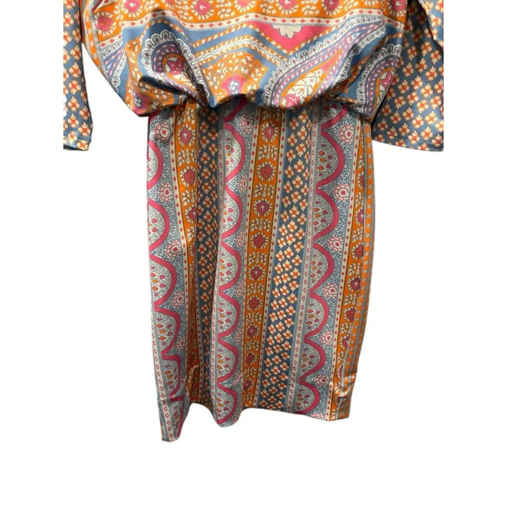 Gretchen Scott Size Medium Colorful 3/4 Sleeve Dress Split Neck Pink Blue Orange - Image 4