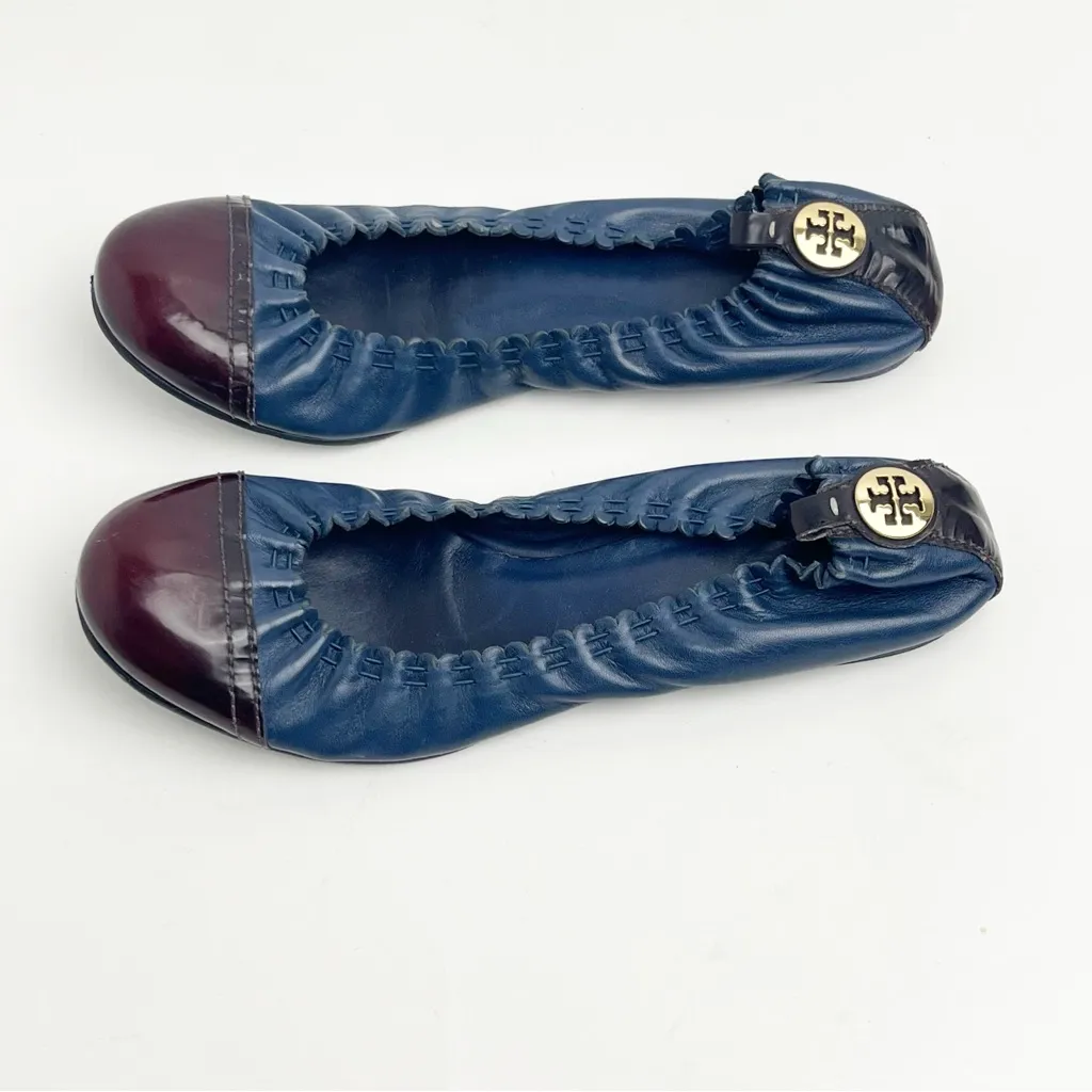 TORY BURCH Abbey Navy Blue Leather Burgundy Cap Toe Ballet Flats, Size 8.5 - Image 11