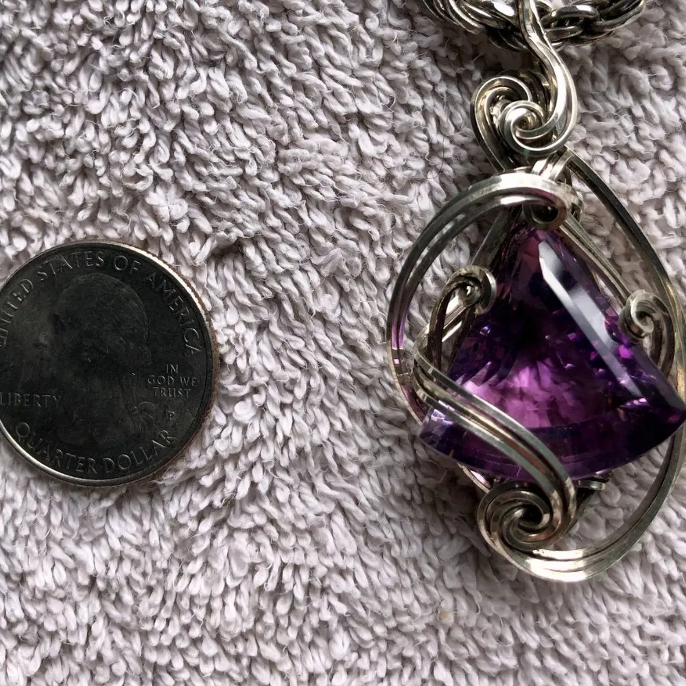 Artisan Wire Wrapped Sterling Silver Amethyst Medallion Pendant Custom Made Purple - Image 6