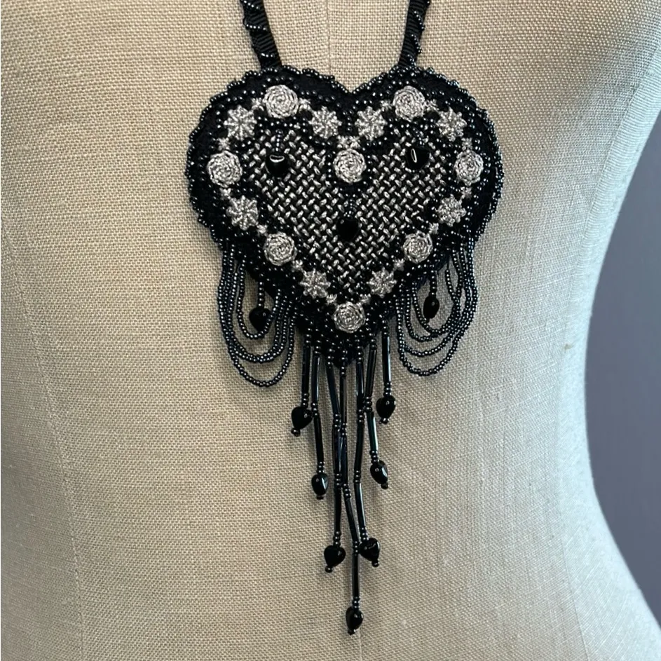 Vintage Handmade Black Heart Necklace silver embroidery and heart beads - Image 3