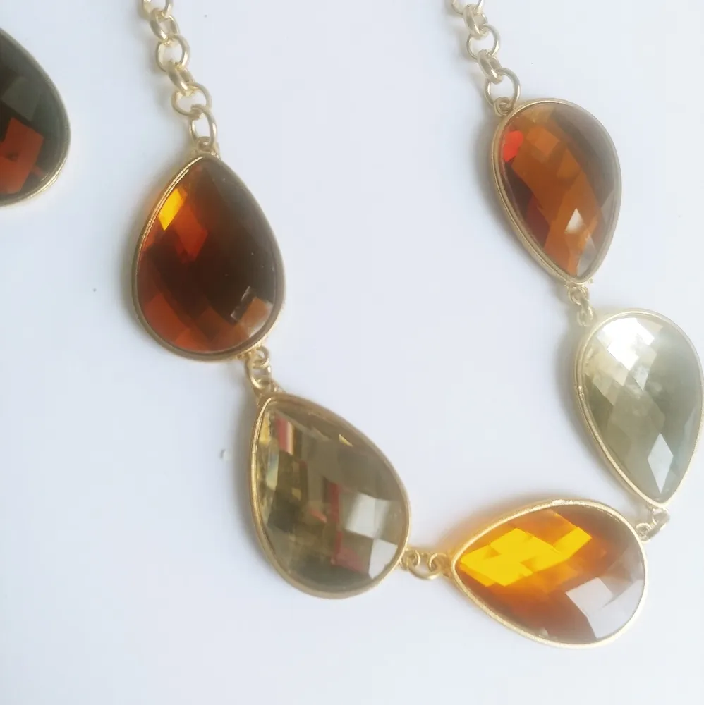 Gold Topaz Amber Crystal Teardrop Necklace Set - Image 2