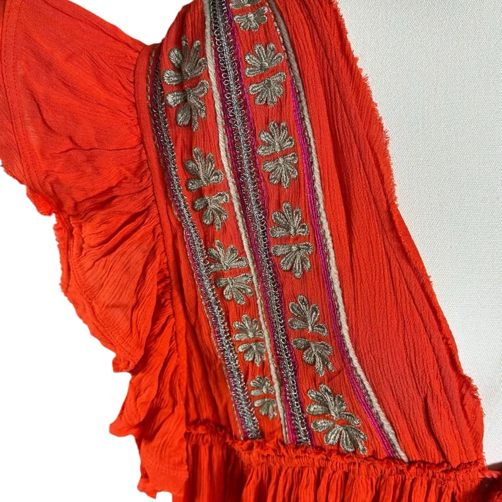Free People Bohemian Folklore 70s Bali Embroidered Midi Dress Kimono Red Small - Image 7