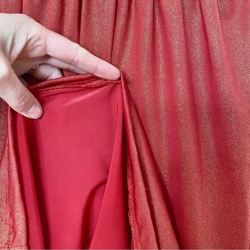 Handmade, Elegant Red shimmer V-Neck midi dress size small, stretchy waist - Image 6