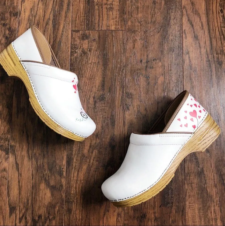 Dansko • Twin Pro Leather clogs white hand painted bicycle heart print - Image 6