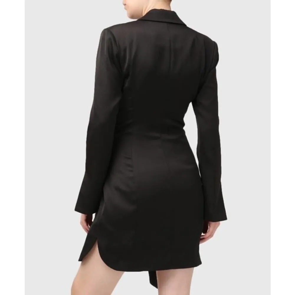 Misha Teagan Black Long Sleeve Blazer Collar Tie Waist Satin Mini Dress Size 10 - Image 2