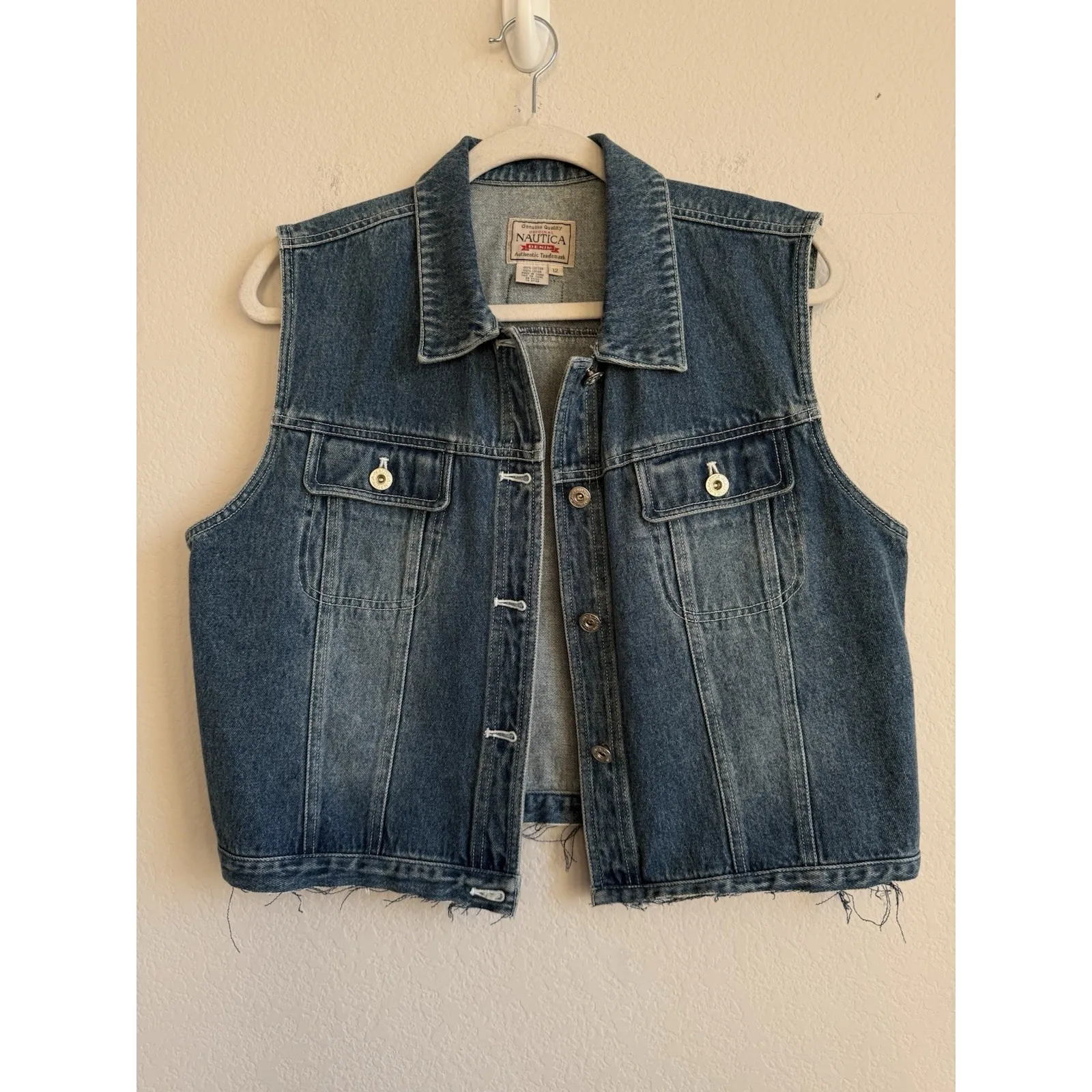 Vintage Nautica Denim Vest Raw Hem Women's Size 12 Biker Collared Pockets 90s - Image 11