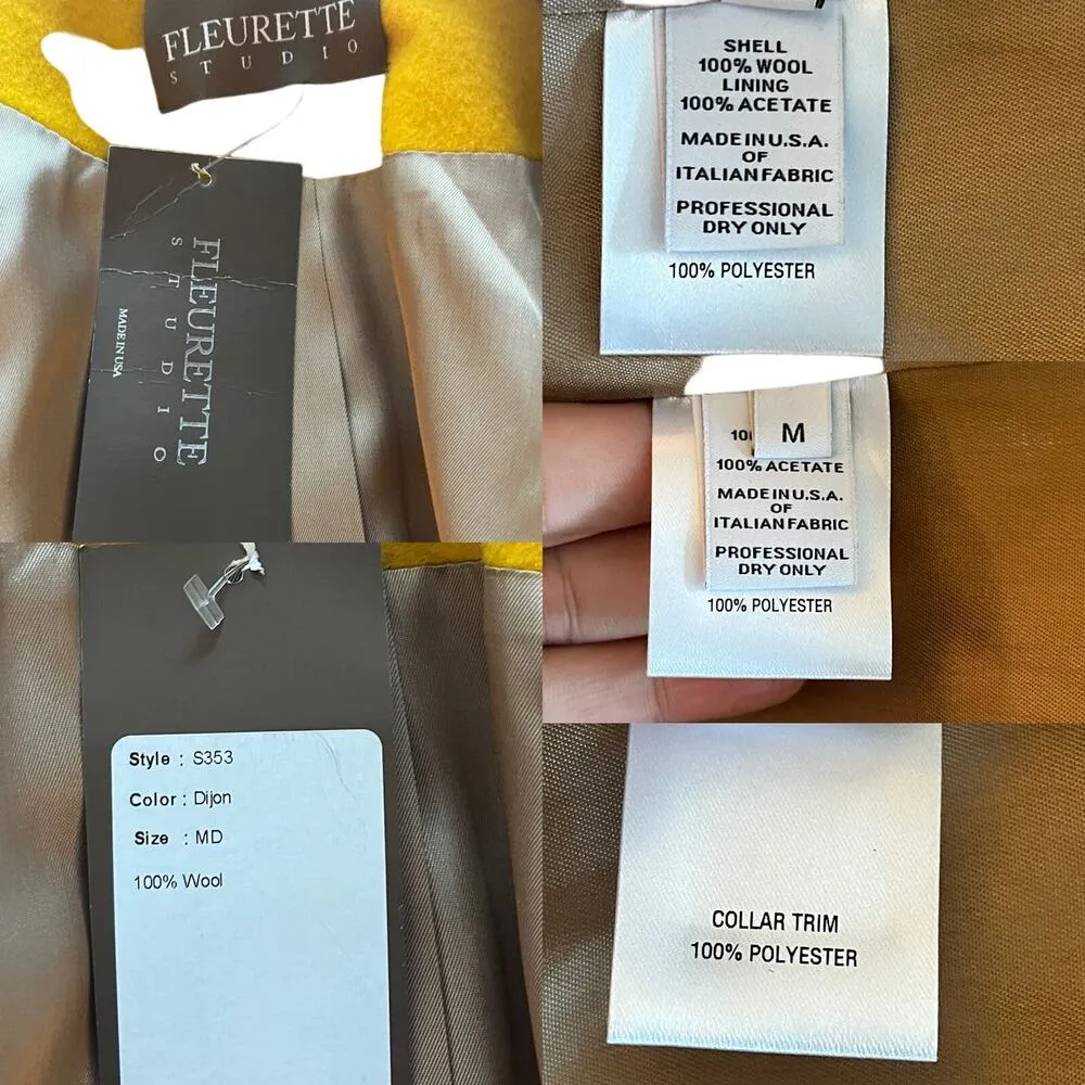 FLEURETTE Wool Barn Coat Jacket Yellow Contrast Collar Pockets USA Medium NWT - Image 7