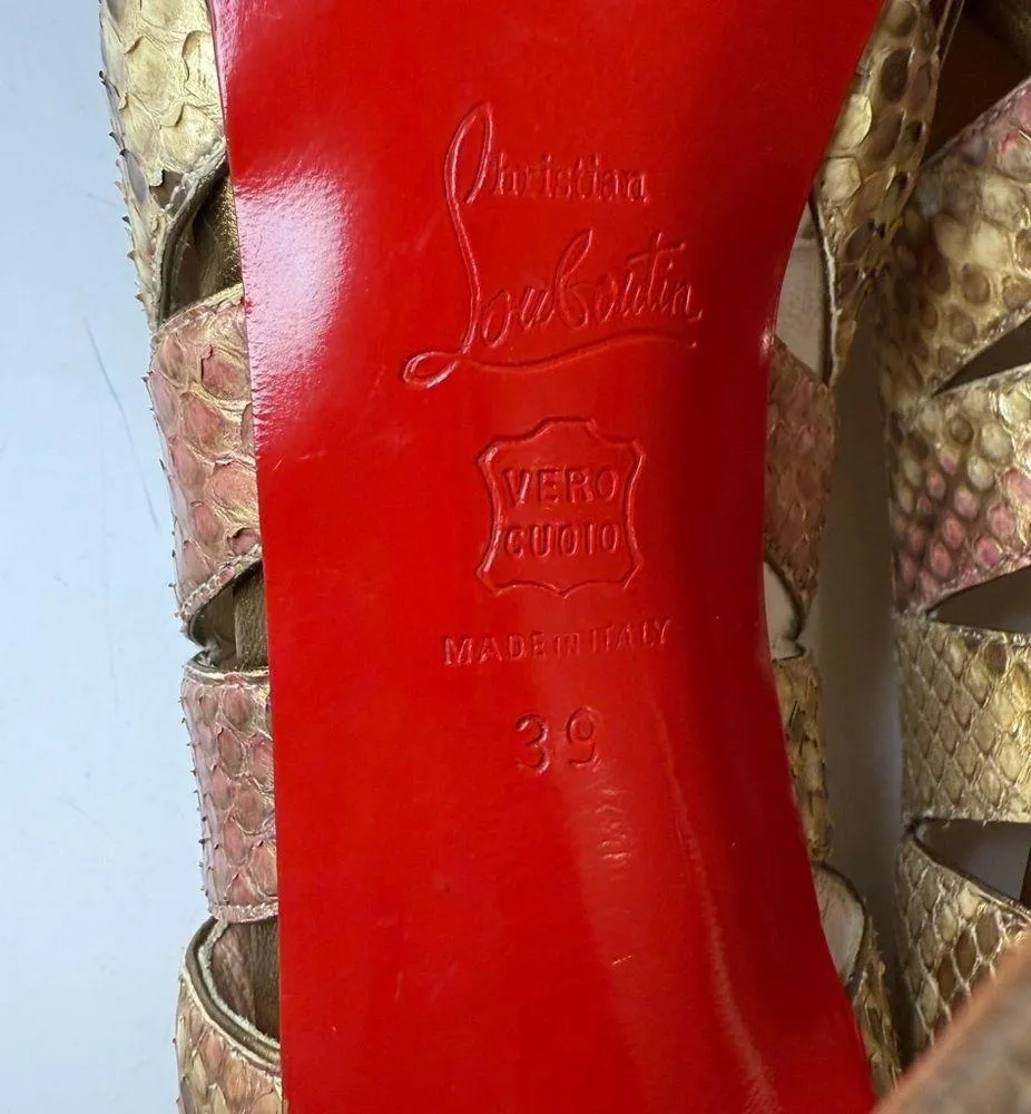 Christian Louboutin Fontanete Pink and Gold Metallic Snakeskin Peep Toe Pumps 39 - Image 12