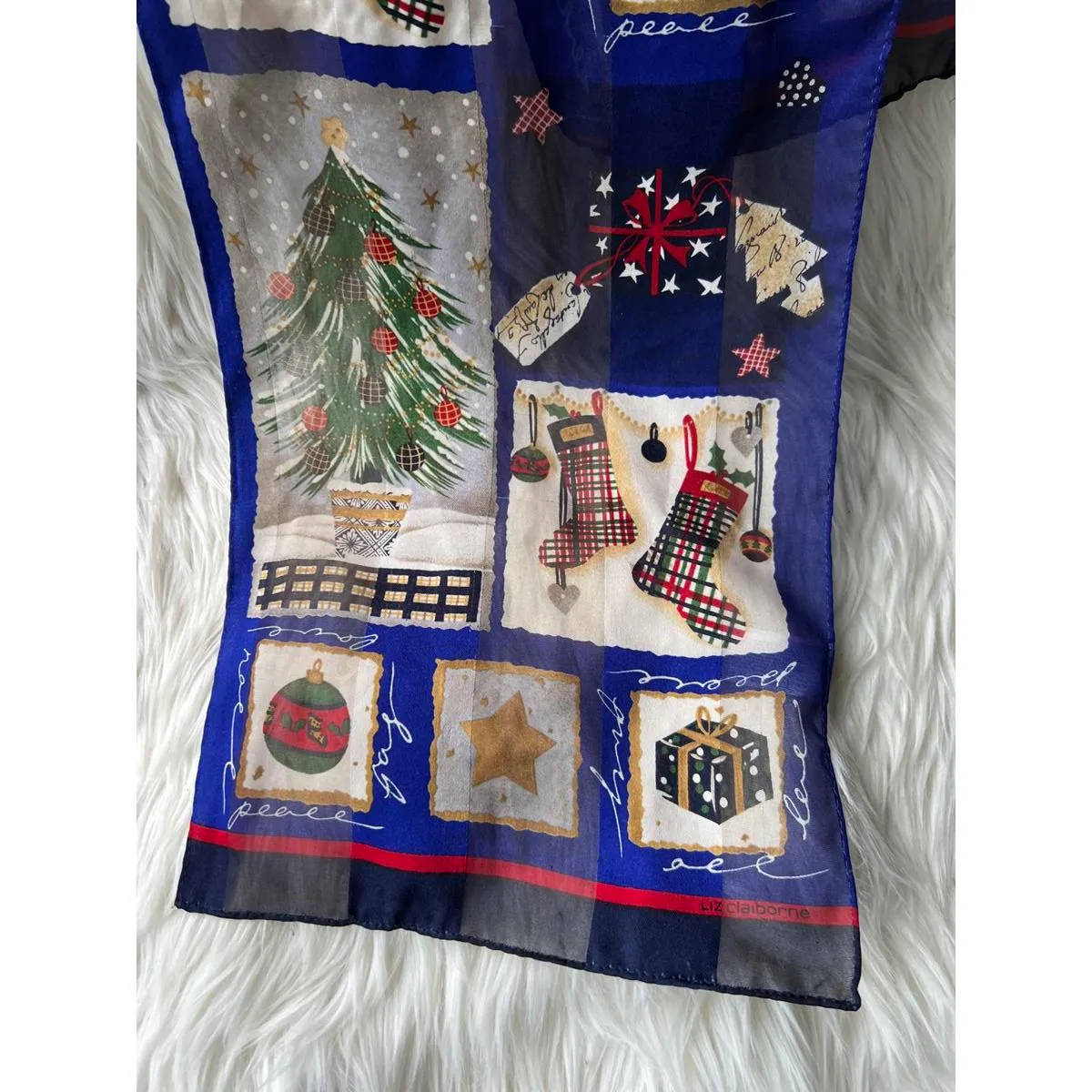 Liz Claiborne Silk Blue Holiday Patterned Scarf - Image 2