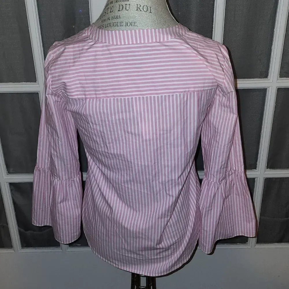 NWT J Crew Womens‎ Pink White Striped Bell Sleeve Shirt Top Blouse 0 - Image 2