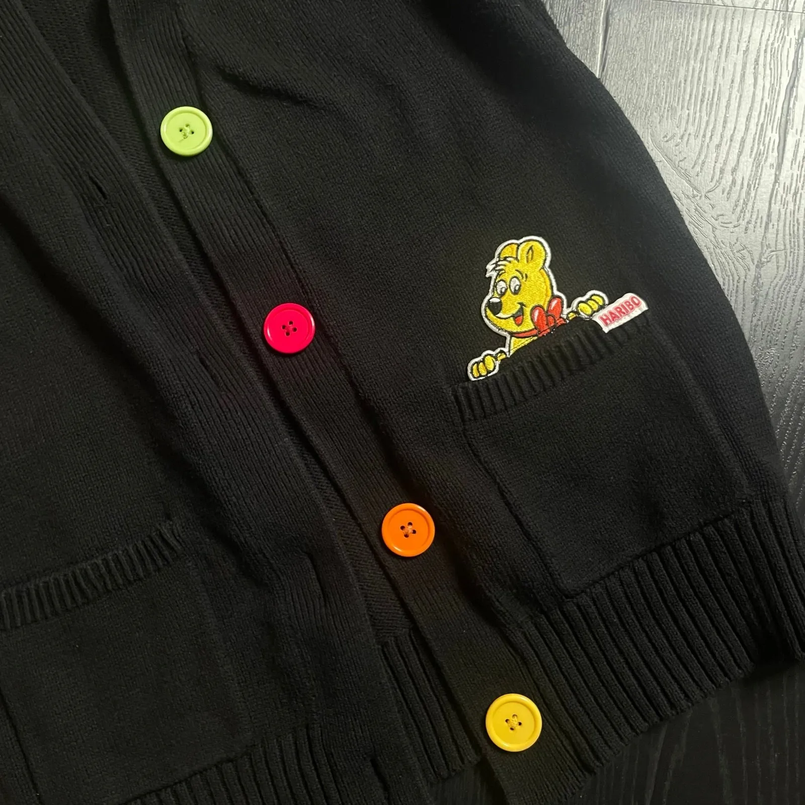 HARIBO Button Up Cardigan Sweater Multicolored Bear Pockets Black XS Extra Small - Image 4