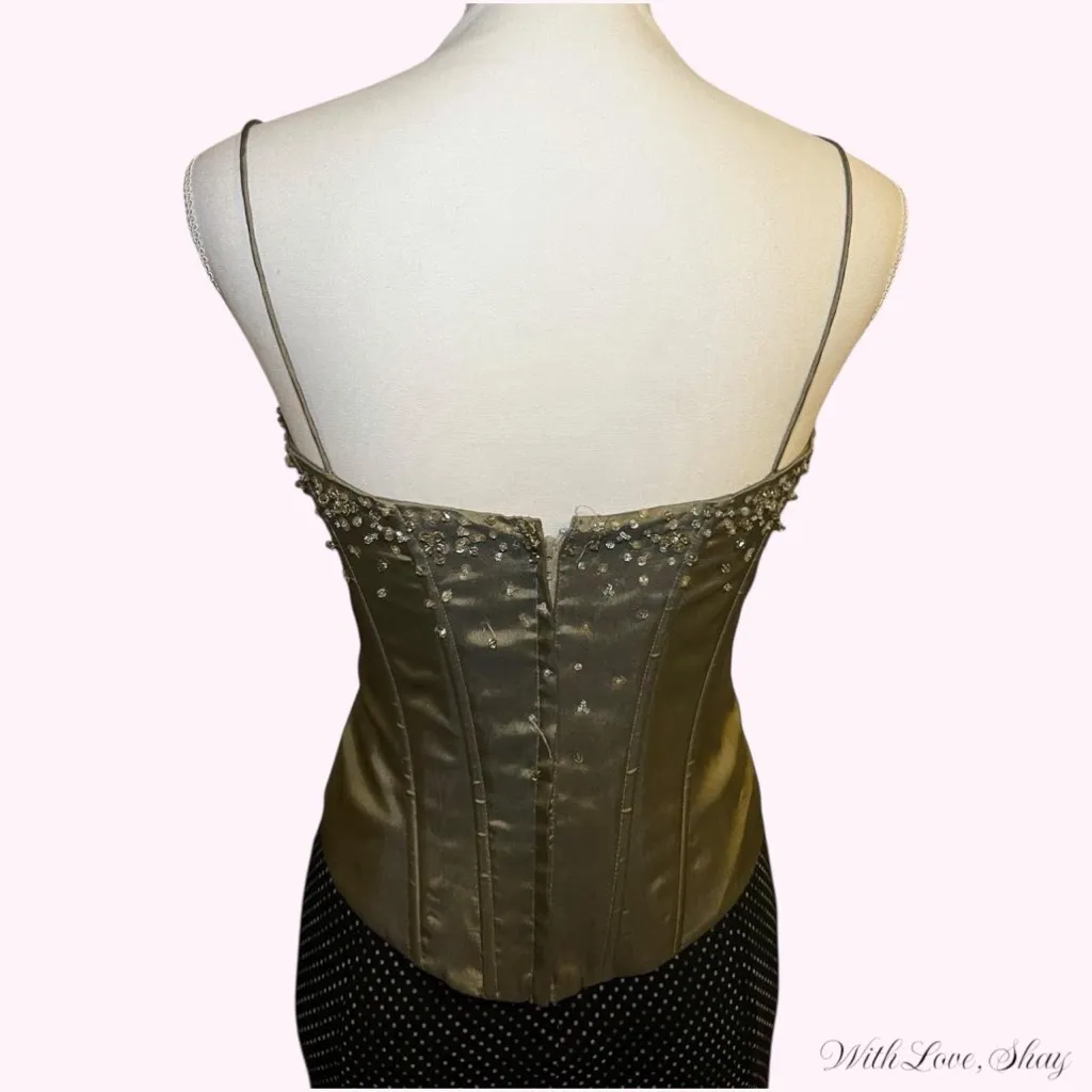 Y2k/90s vintage olive green satin and beaded corset top Yellow Size 4 - Image 4