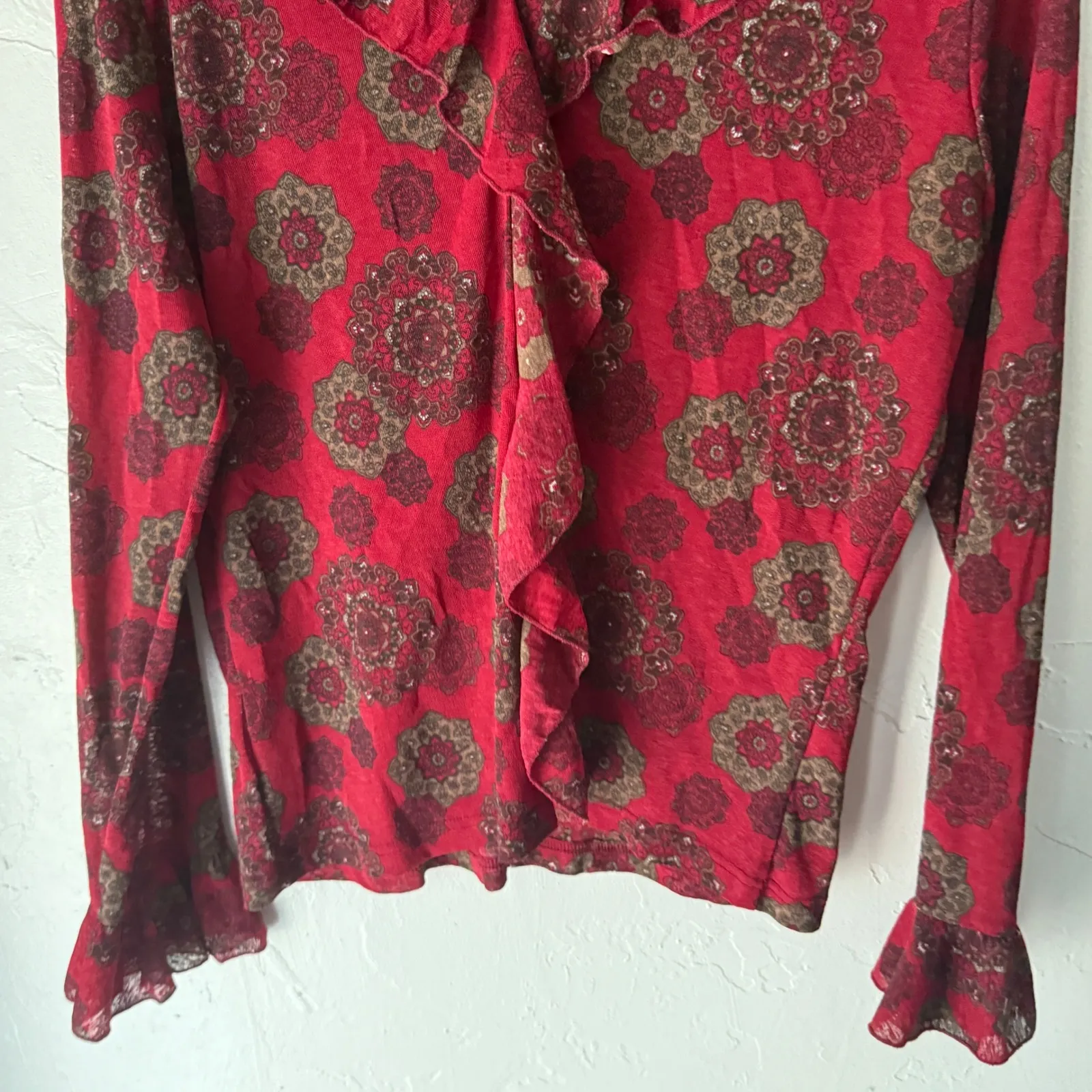 Faded Glory Y2k‎ Red Floral Ruffle Trim Long Sleeve Top XL Whimsioght Grunge - Image 3