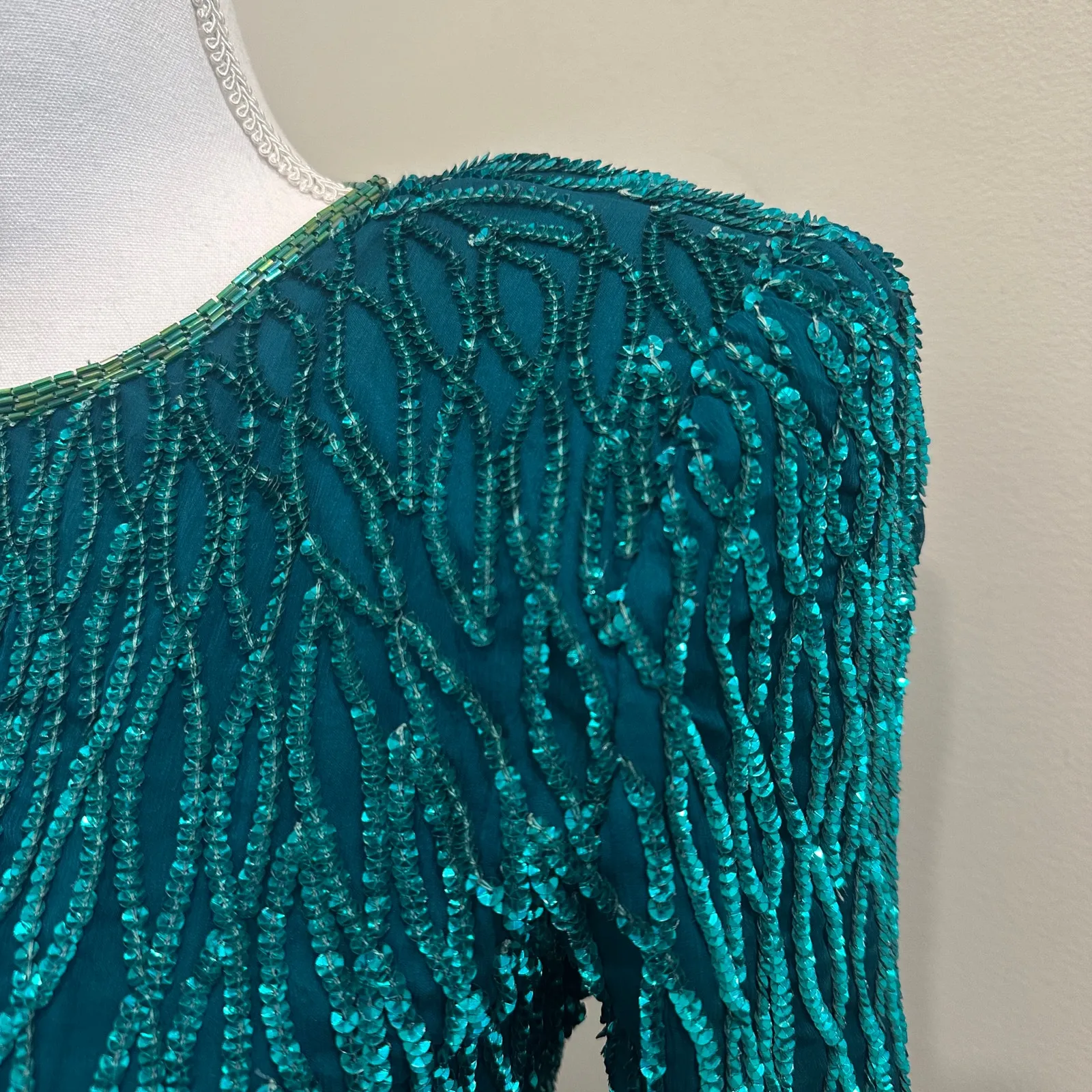 VTG 80s Laurence Kazar Teal Blue Silk Beaded Sequin Dress Art Deco Retro Glam XS - Image 6