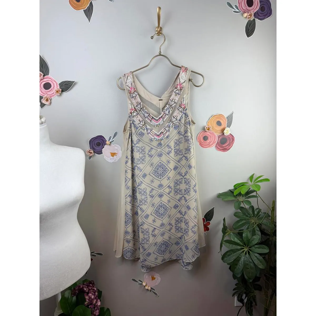 Free People Beige and Blue Ancient Mystery Beaded Shift Dress - Size - Small - Image 2