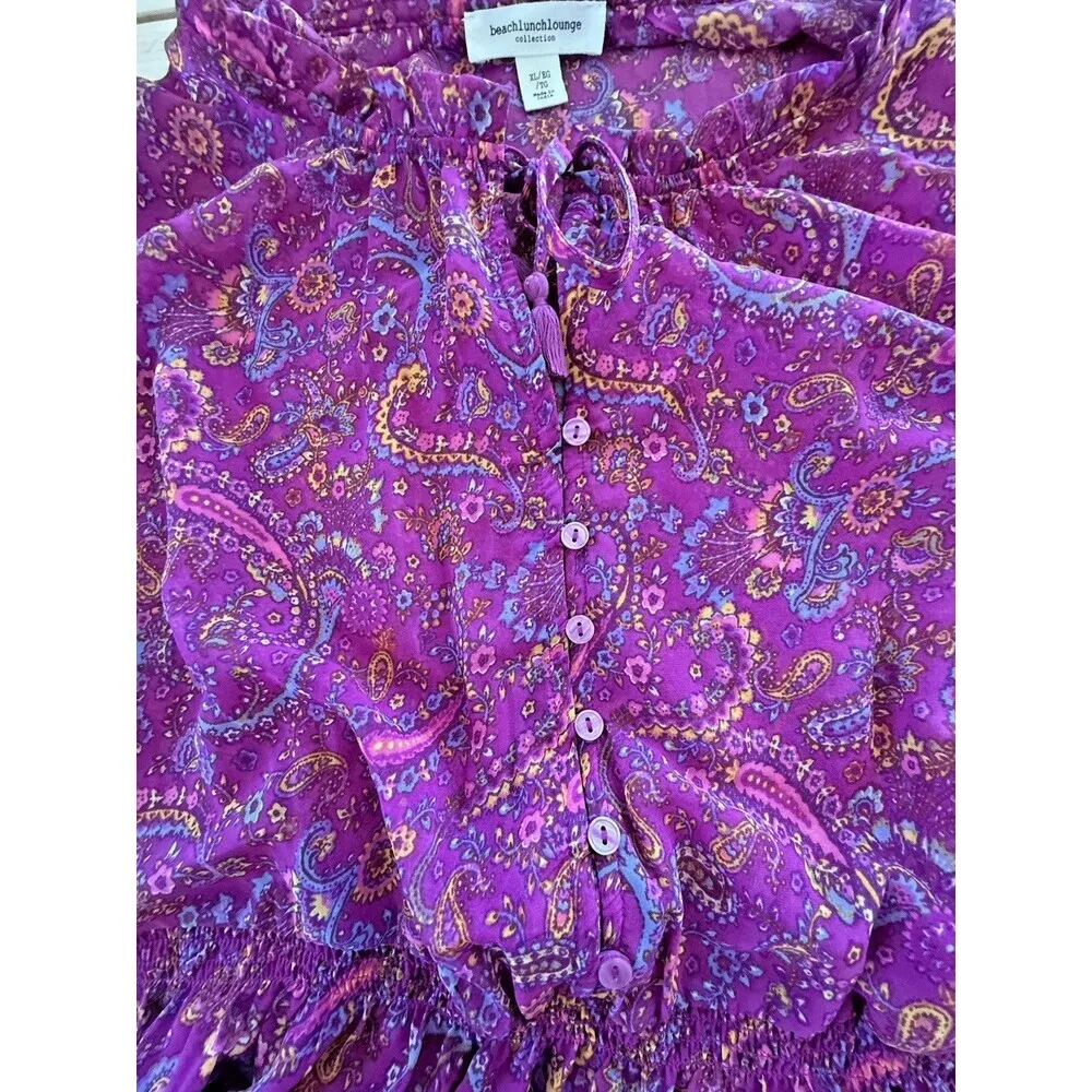 Beach Lunch Lounge Floral Cottagecore Tiered Midi Dress XL long sleeve Coastal Blue - Image 7