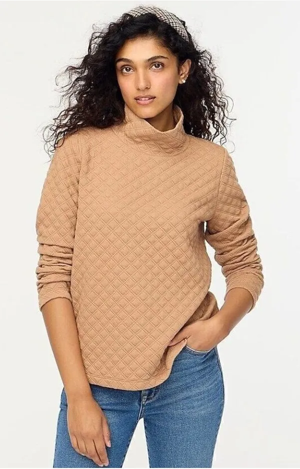 NWT J.Crew Quilted MockNeck Pullover Top Pale Mocha Sz M Long Sleeve Shirt BL249 Brown Size M - Image 1