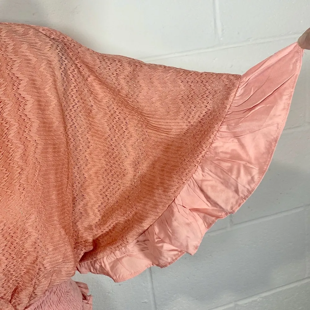 Blue Blush Faux Wrap Cropped Flutter Sleeve Shirred Smocked Peach Blouse - Image 4