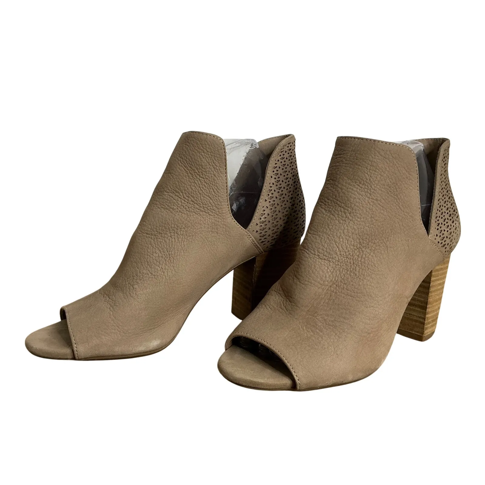Antonio Melani Peep‎ Toe Booties 8.5M Taupe Nubuck Leather Block Heel Cutout - Image 2
