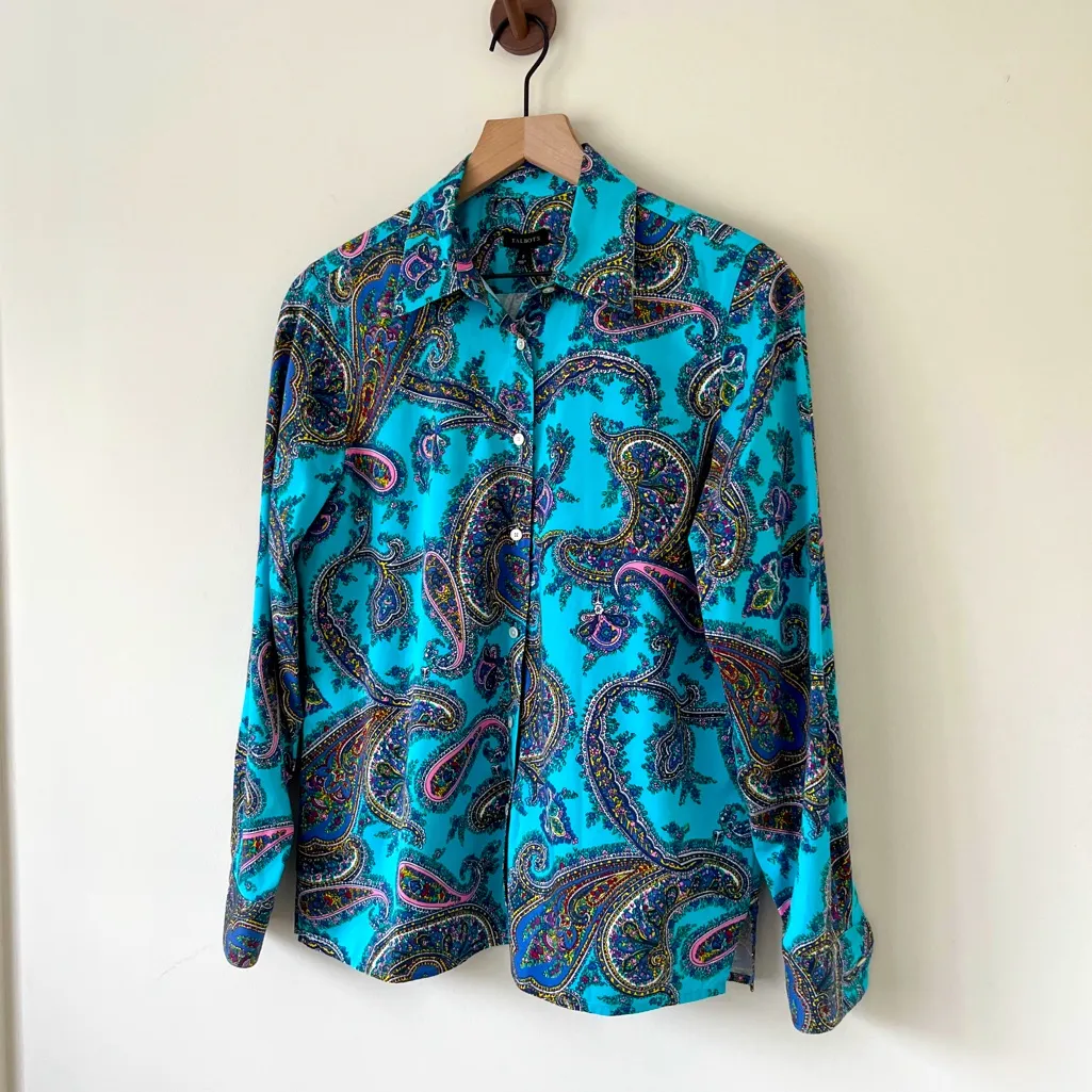 TALBOTS Blue Paisley Button Down Collared Cotton Shirt Womens Small - Image 3