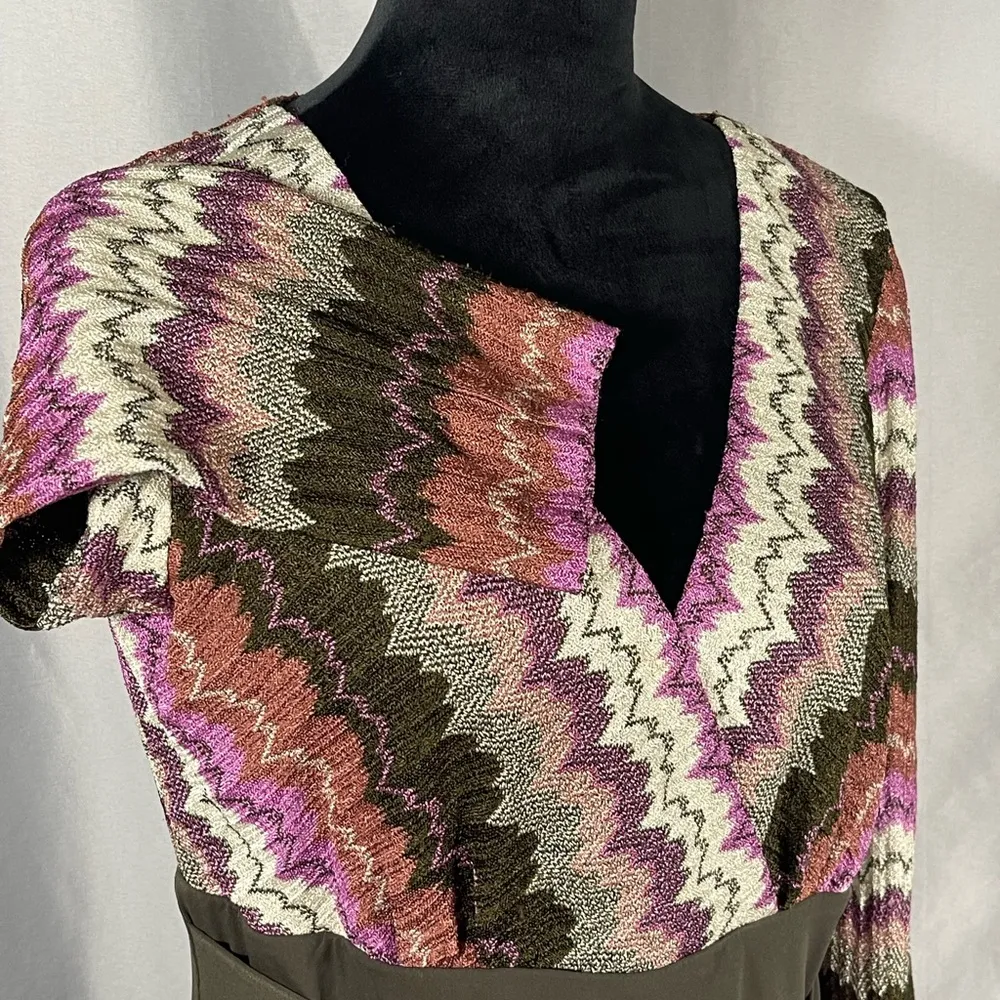 Chris McLaughlin Knit Dress Chevron Print Green Purple Brown 3/4 Sleeves Sz 14 - Image 8