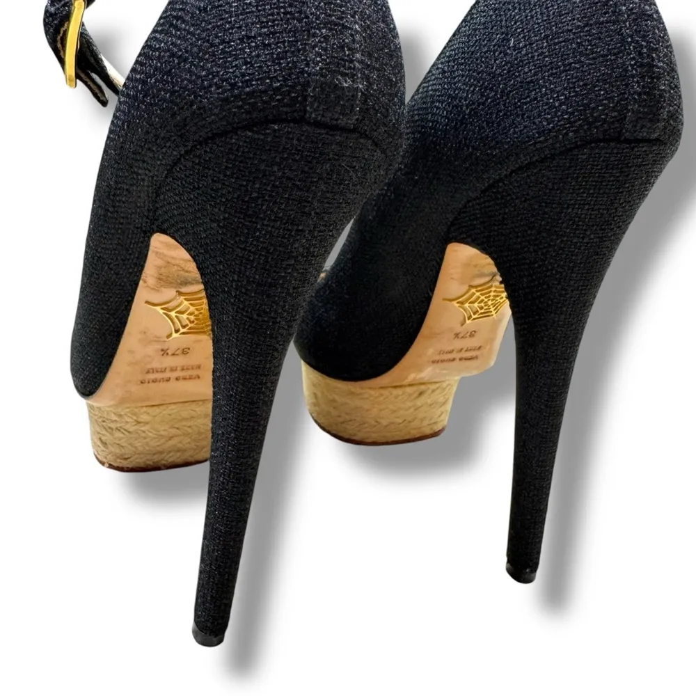 Charlotte Olympia Black Canvas Dolores Espadrille Platform Ankle-Strap Pumps - Image 9