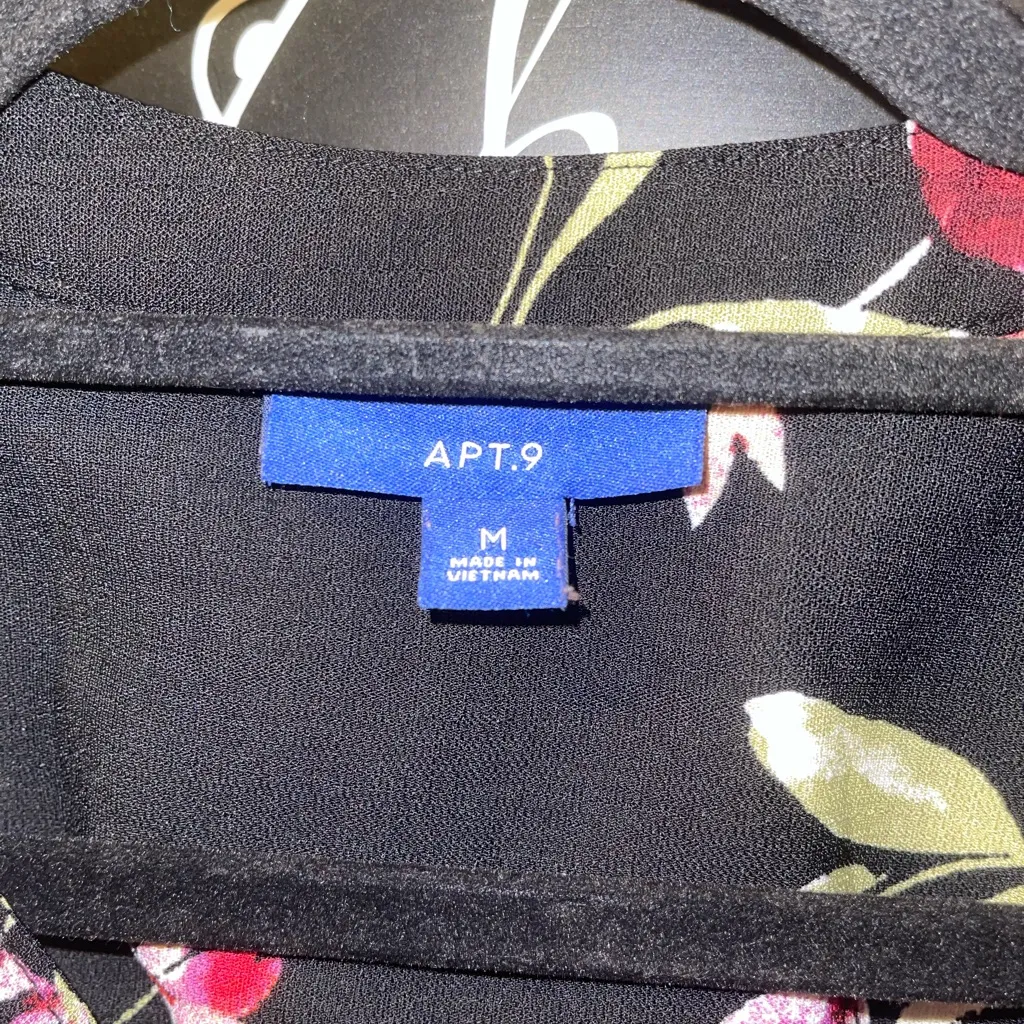 Apt. 9 Black and Pink Floral Button-Up Blouse cinched waist top shirt medium - Image 5