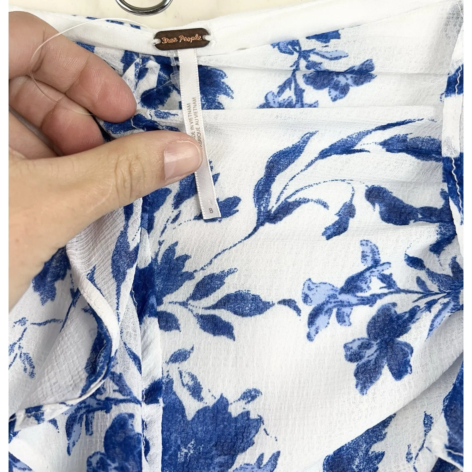 Free People Flounce Around Maxi Skirt Blue White Floral Ruffle Slit Sz 8 - Image 6