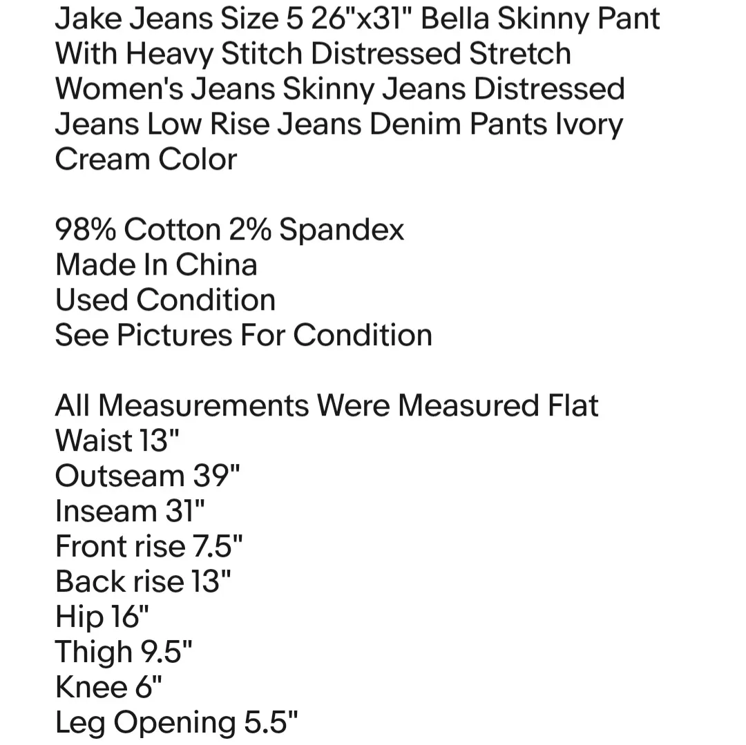 Jake Jeans Size 5 26"x31" Bella Skinny Pant With Heavy Stitch Distressed Stretch  - Image 2