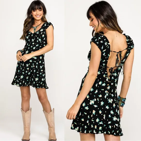 Free People • Like A Lady dress mini black lemon print ruffle cap sleeve - Image 2