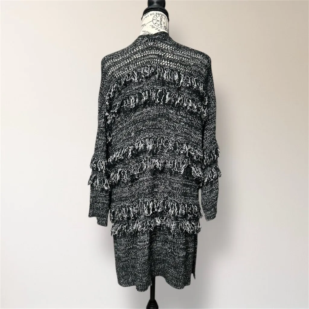 Knox Rose L Black White‎ Fringe Open Front Chunky Knit Cardigan Boho Hippie - Image 5