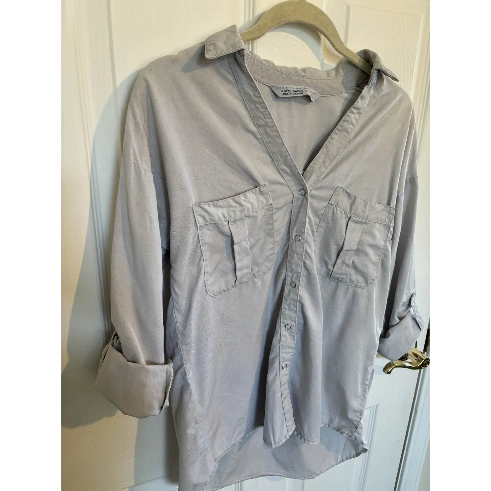 Zara Grey Oversized Button Down Denim Top XS Chambray Minimalist Casual Pockets - Image 3