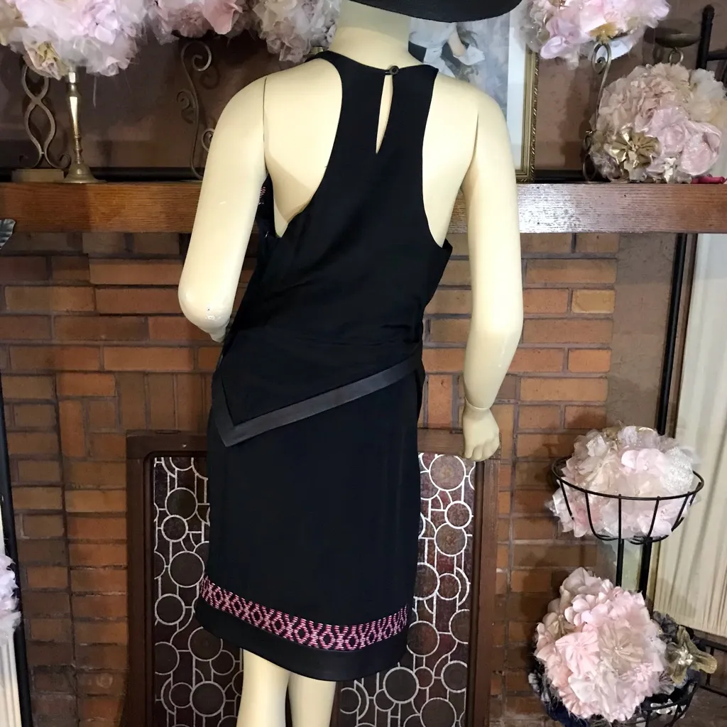 THAKOON ADDITION BLACK SILK DRESS WITH LAMBSKIN LEATHER TRIM AND RED PATTERN (6) - Image 3