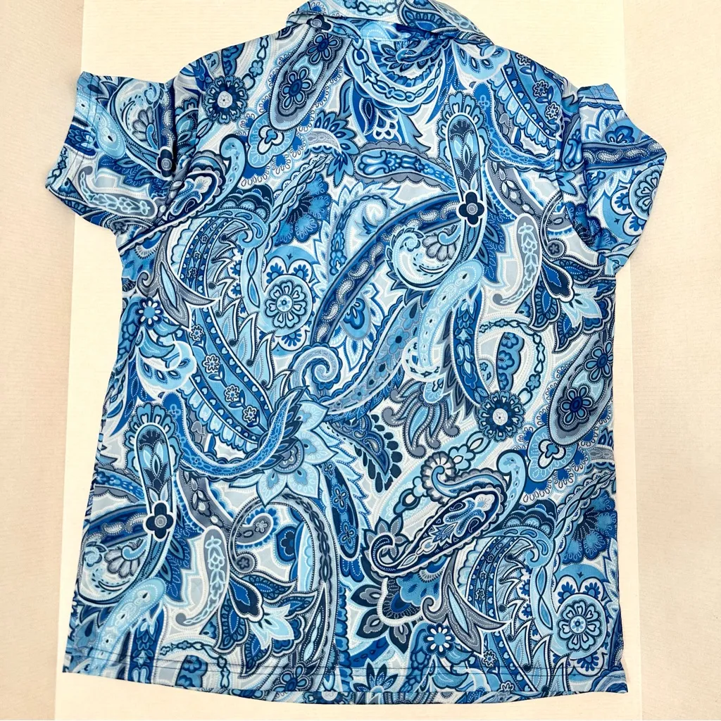 Haband Womens Sz Large Vintage Blue Paisley Boho Pointed Collar V - Image 3