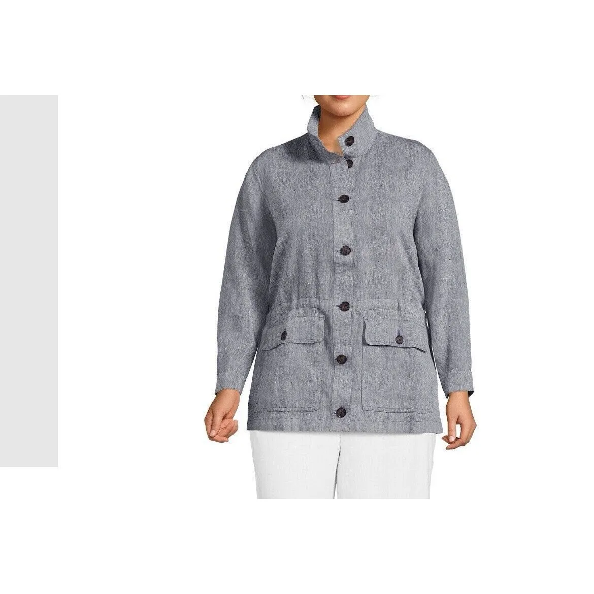 Lands End Cinch Waist Utility Jacket Womens L Blue Linen Chambray Button Up - Image 2